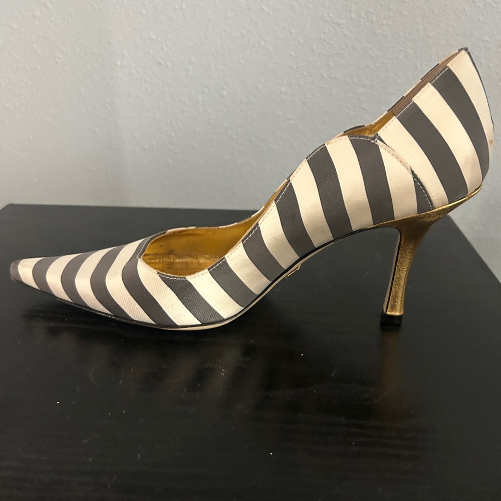Nicole Miller Black and White Striped Heels with Gold Accents